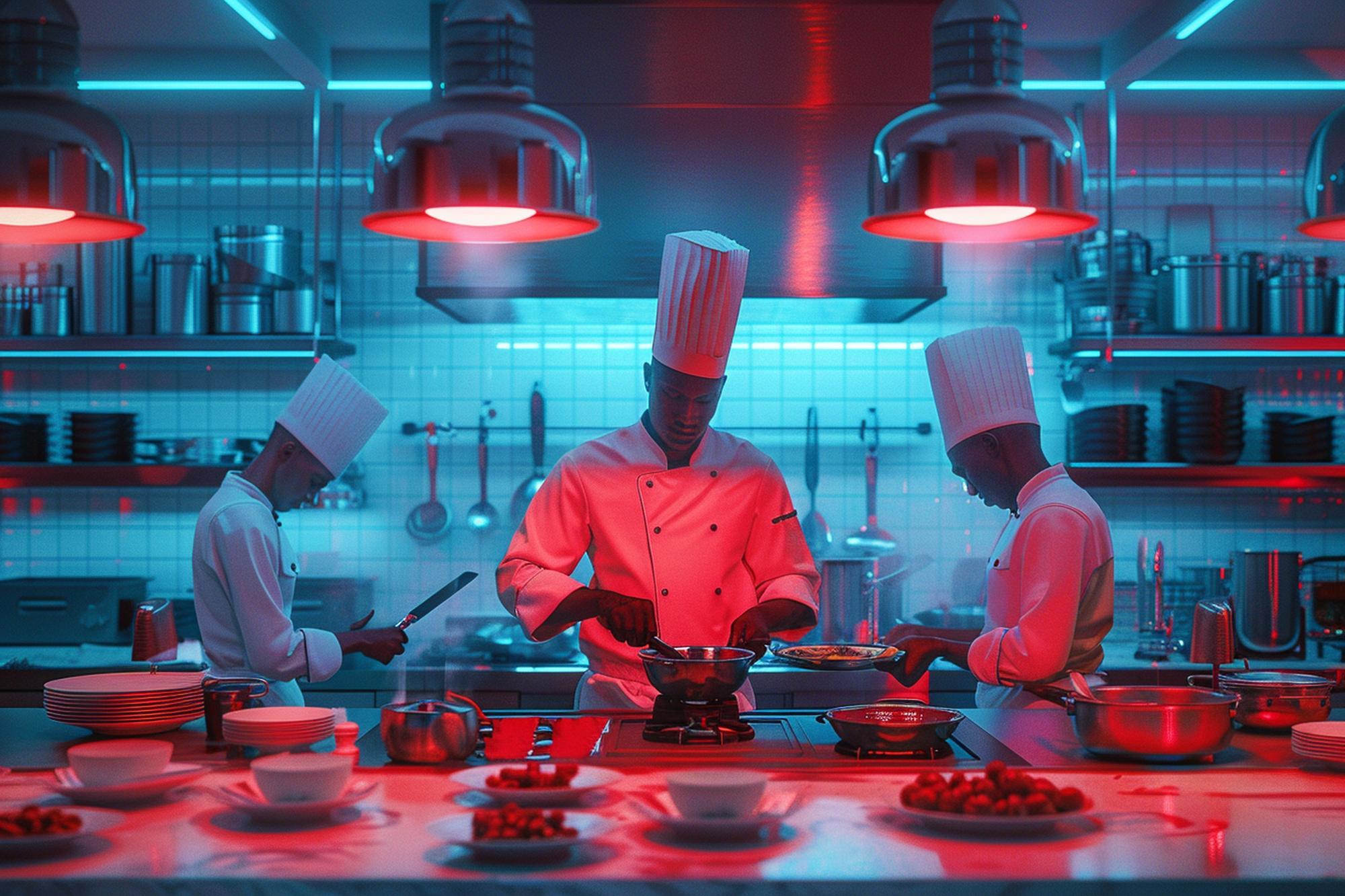 Workshop kitchen with modern tools and chefs